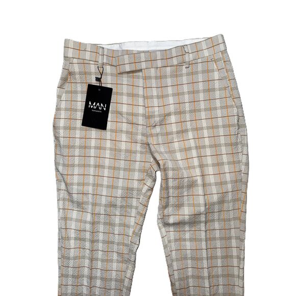 NWT Boohoo Tan Plaid Skinny Seersucker Belt Loops Dress Trousers Tailored Fitted - Picture 3 of 5